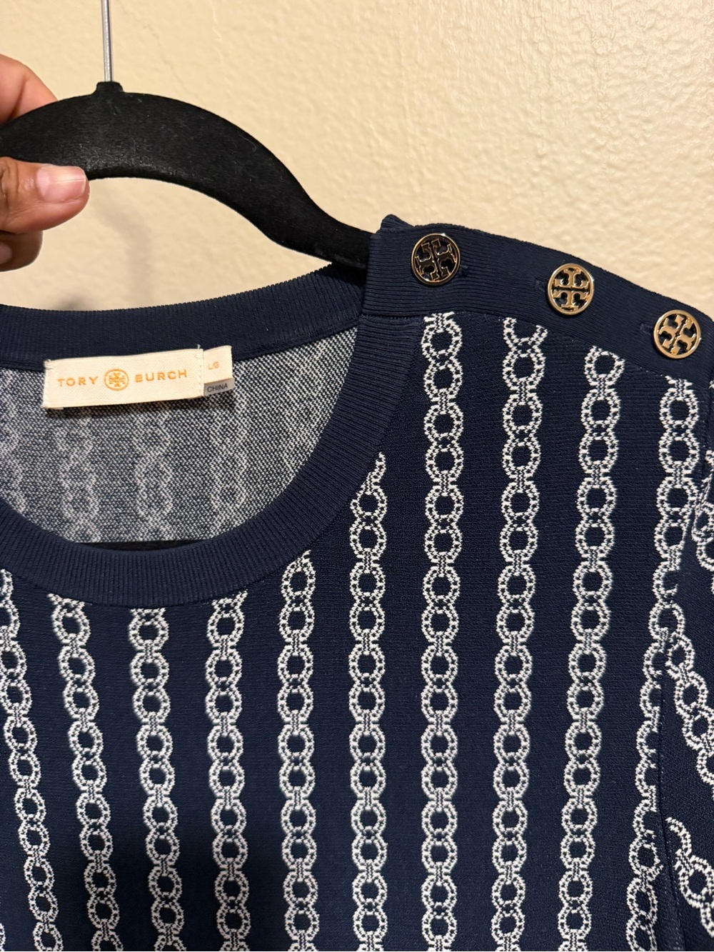 Tory Burch Navy and White Chain-Print Midi Dress - Picture 3 of 5